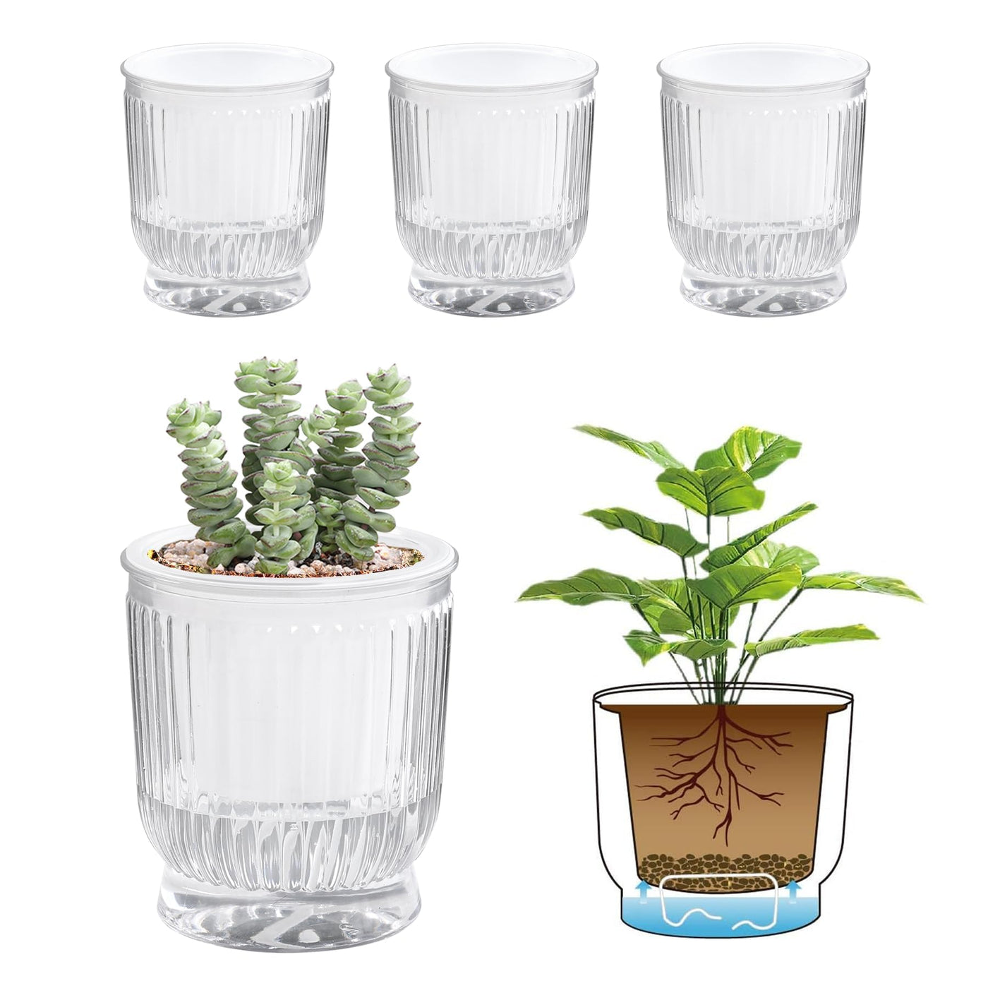4-Pack 10 cm Self-Watering Plant Pots – Clear