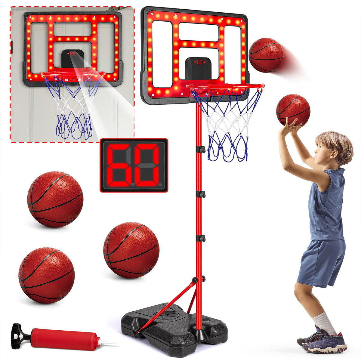 Kids Basketball Hoop Adjustable Height 3.5FT-6.2FT, Indoor Outdoor Toddler Basketball Hoop with LED Scoreboard, Boys Basketball Toy for 3 4 5 6 7 8 Years Gift, Portable Basketball Goals Sport Game