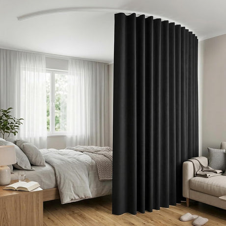 Artiss Room Divider, Ceiling Mounted Track Sets, Extra Wide Blackout Curtain, Flexible Bendable Tracks for Bedroom Privacy Partition Separator, DIY, Hooks, 1 Panel Black Drape and White Rail,254x213CM