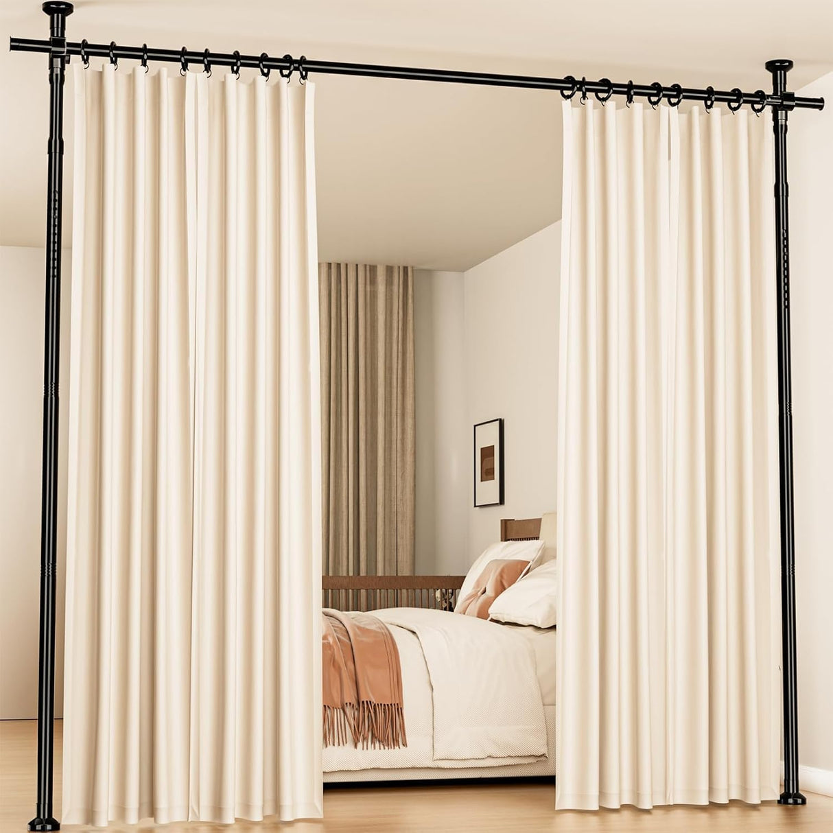 No-Drill Floor to Ceiling Room Divider, Adjustable Tension Rod Partition for Bedroom, Living Room or Studio (Black, Single Rod)