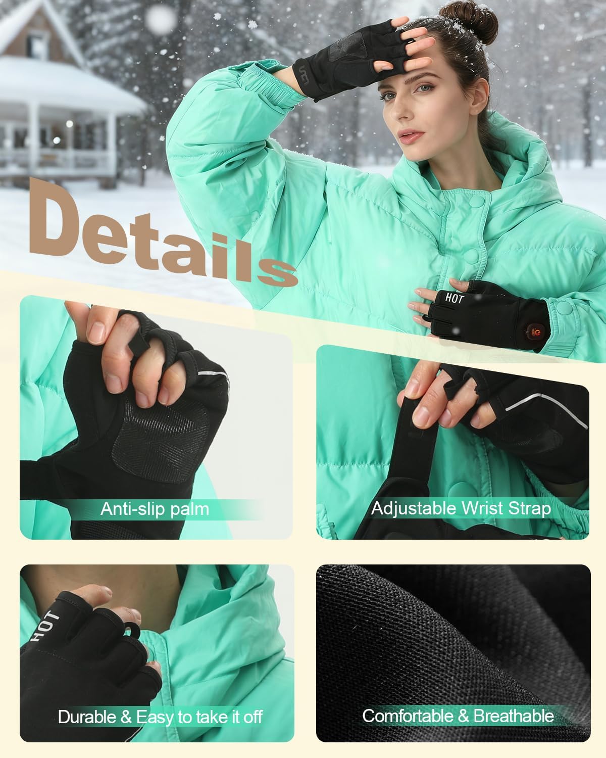 Rechargeable Heated Gloves – Cordless Fingerless Winter Warm Gloves with Temperature Control
