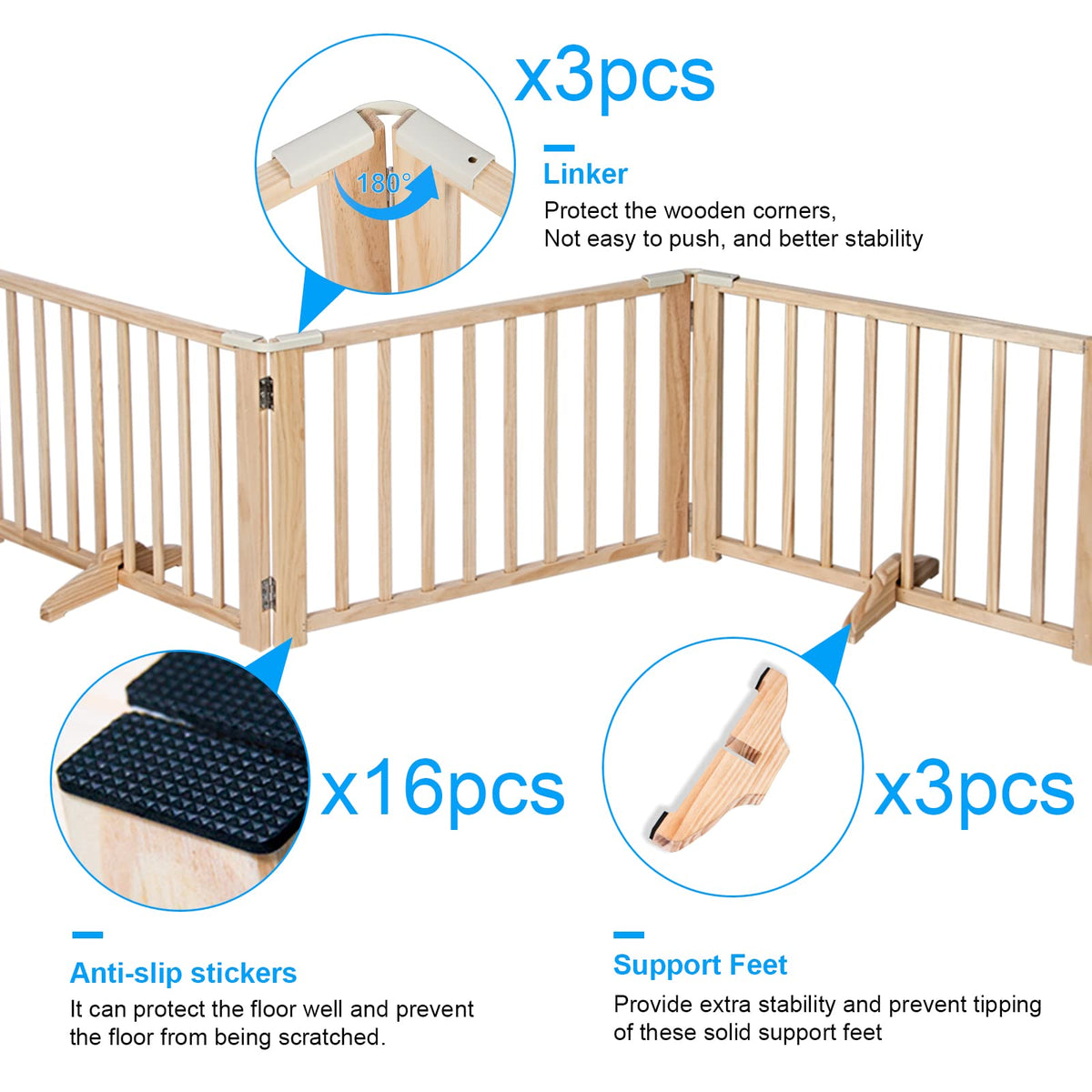 5-Panel Pine Freestanding Pet Gate – 304 × 43 cm
