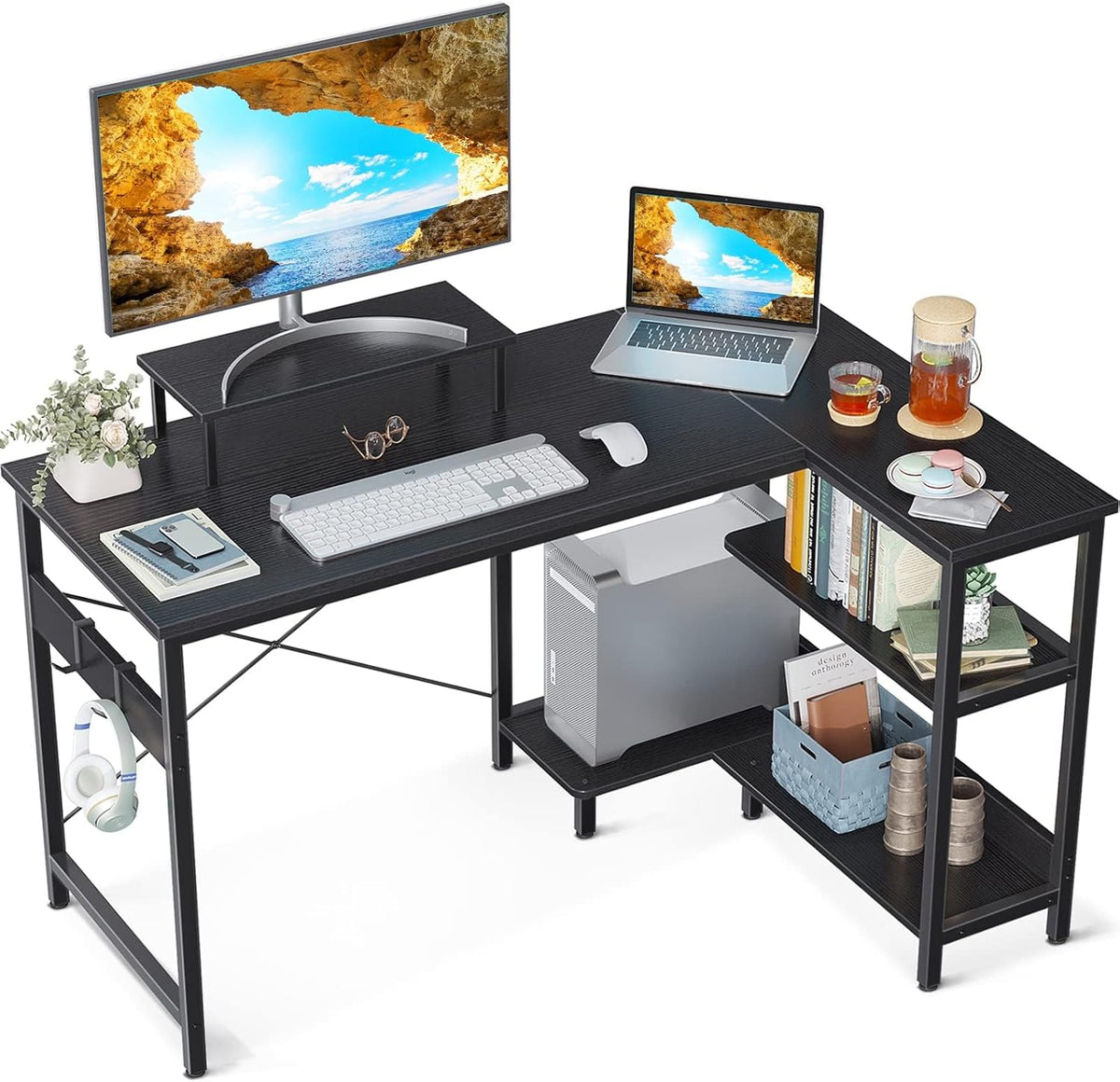 Reversible L-Shaped Desk with Shelves & Monitor Stand
