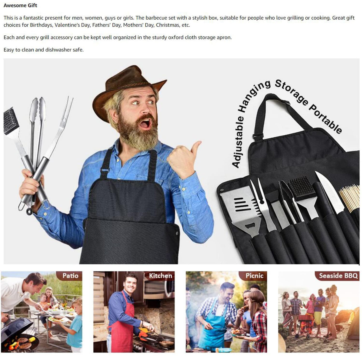 40 cm Stainless-Steel BBQ Tool Set with Apron