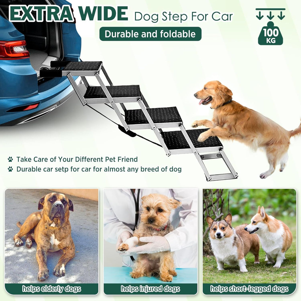 Extra-Wide Folding Dog Car Stairs – 48.7 cm, 100 kg Capacity