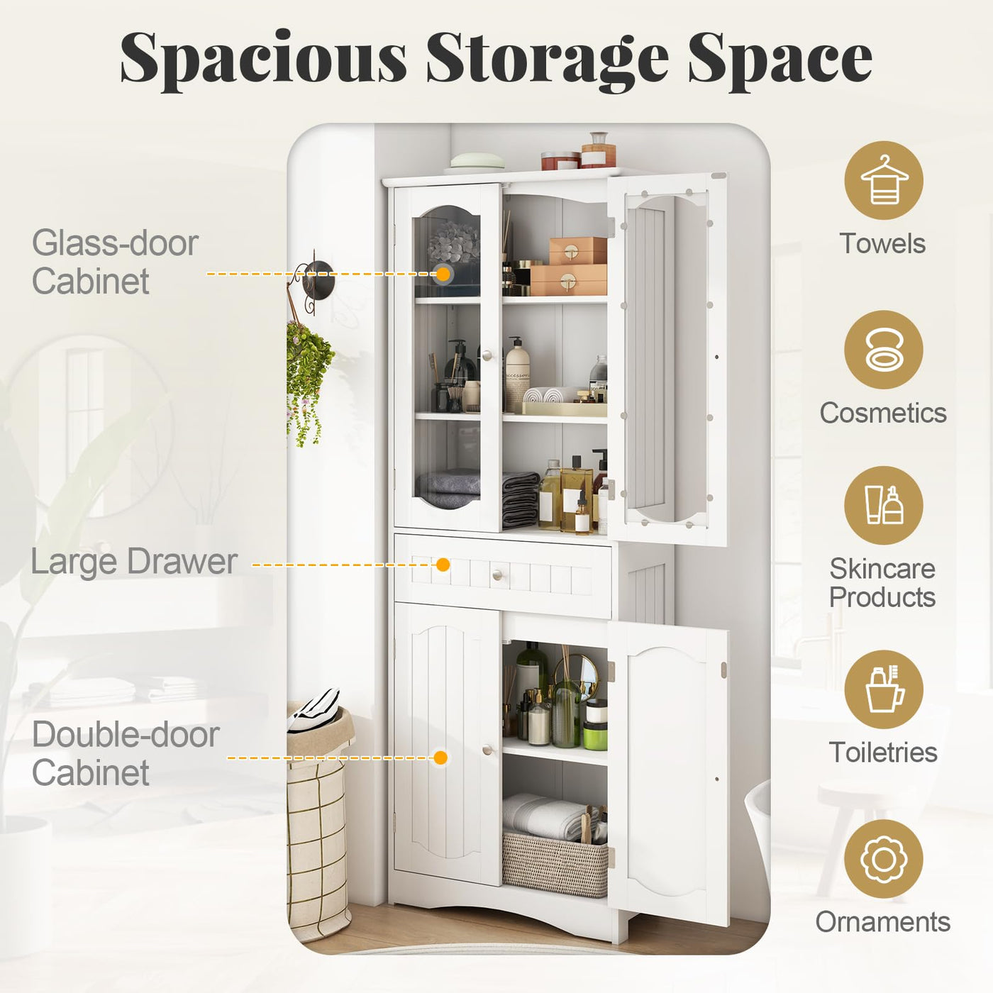 160 cm White Storage Cabinet with Glass Doors & Drawer