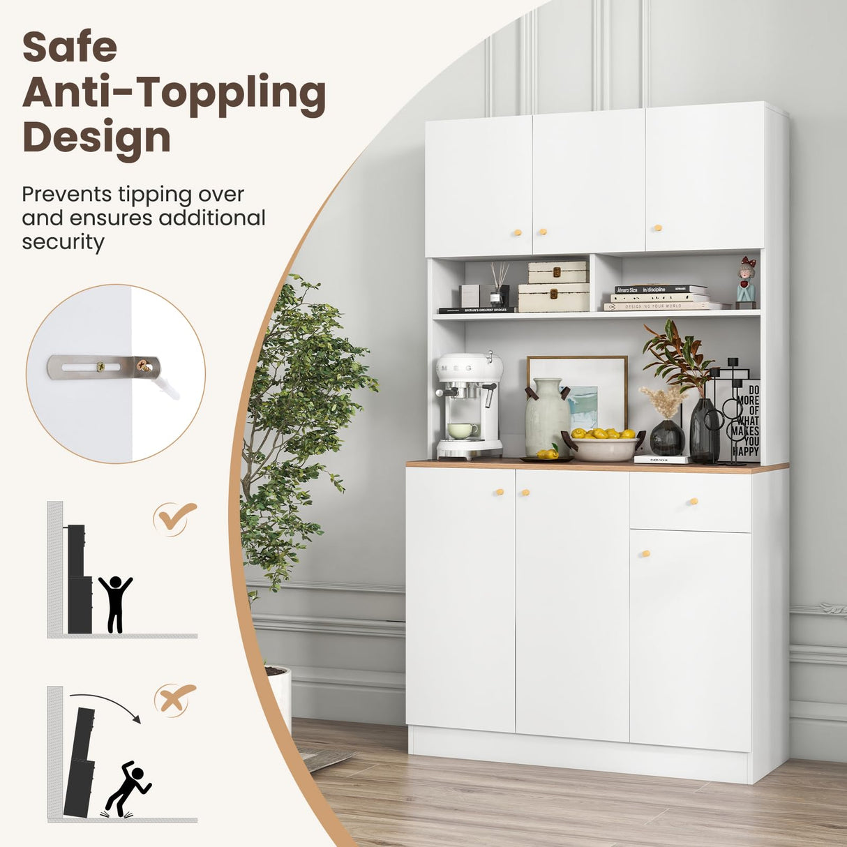 Tall Pantry Cabinet, Kitchen Cabinet with Outlets, USB Ports, Anti-Tipping Kits & 3-Position Adjustable Shelves, Freestanding Buffet Cupboard with Hutch, Microwave Cabinet Dining Room