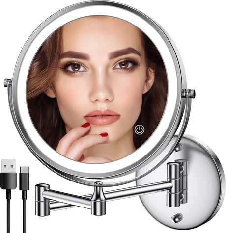 Rechargeable Wall Mounted Makeup Mirror with Lights,8 Inch Double-Sided LED Vanity Mirror 1X/10X Magnification,3 Color Lighting Dimmable Touch Screen 13 Inch Retractable (Black, 1/10X) (Chrome)
