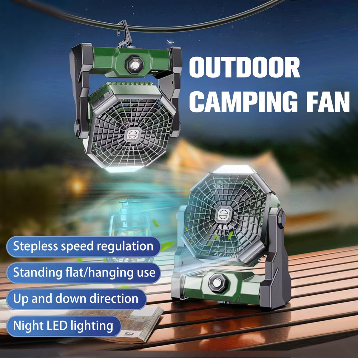 7800 mAh Rechargeable Camping Fan with LED Lantern – Green