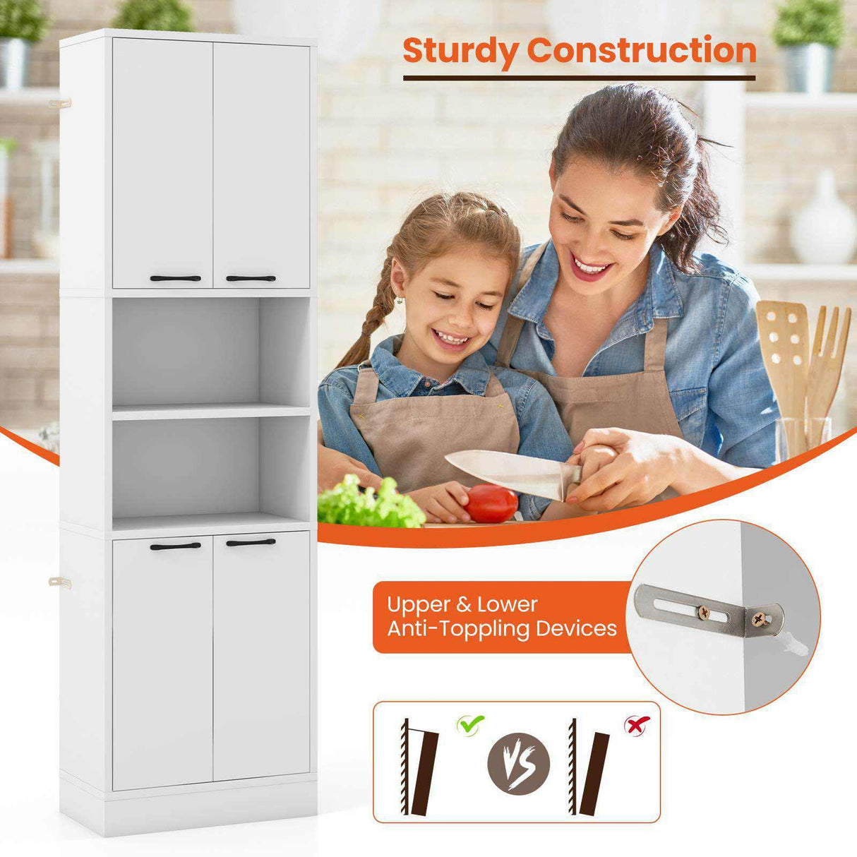 190 CM Kitchen Pantry Cabinet, Tall Freestanding Cupboard with Doors & Shelves, Safety Hinges & Anti-Tipping Devices, Storage Sideboard for Dining Room Living Room, White