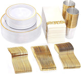 Gold Dinnereware Include Gold Rim Plates, 12oz Gold Cups, Gold Knives, Gold Forks, Gold Spoons, Party Reusable Plates Set, Brittany (Gold)