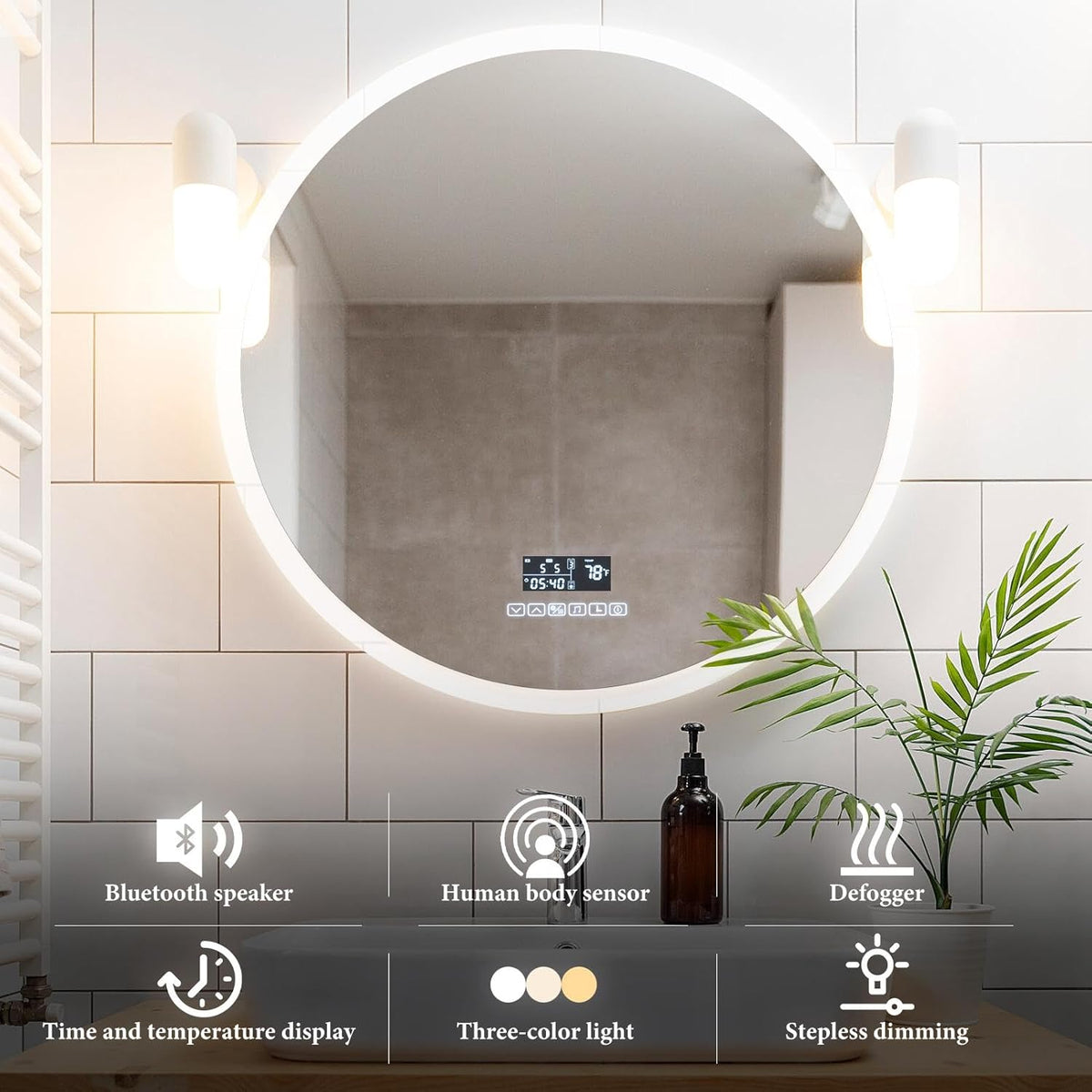 Smart Round LED Bathroom Mirror with Defogger & Audio