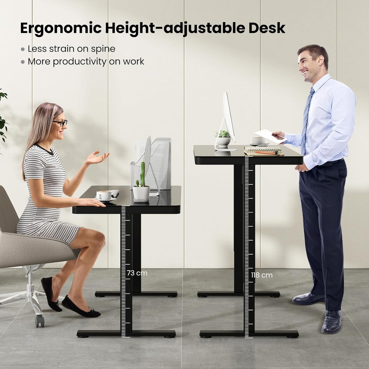 Electric Standing Desk with Drawer, Height Adjustable Desk with Whole Piece Tempered Glass Top, Sit Stand Desk with 2 Memory Positions & USB Type-C Outlets for Home Office 120x60 cm