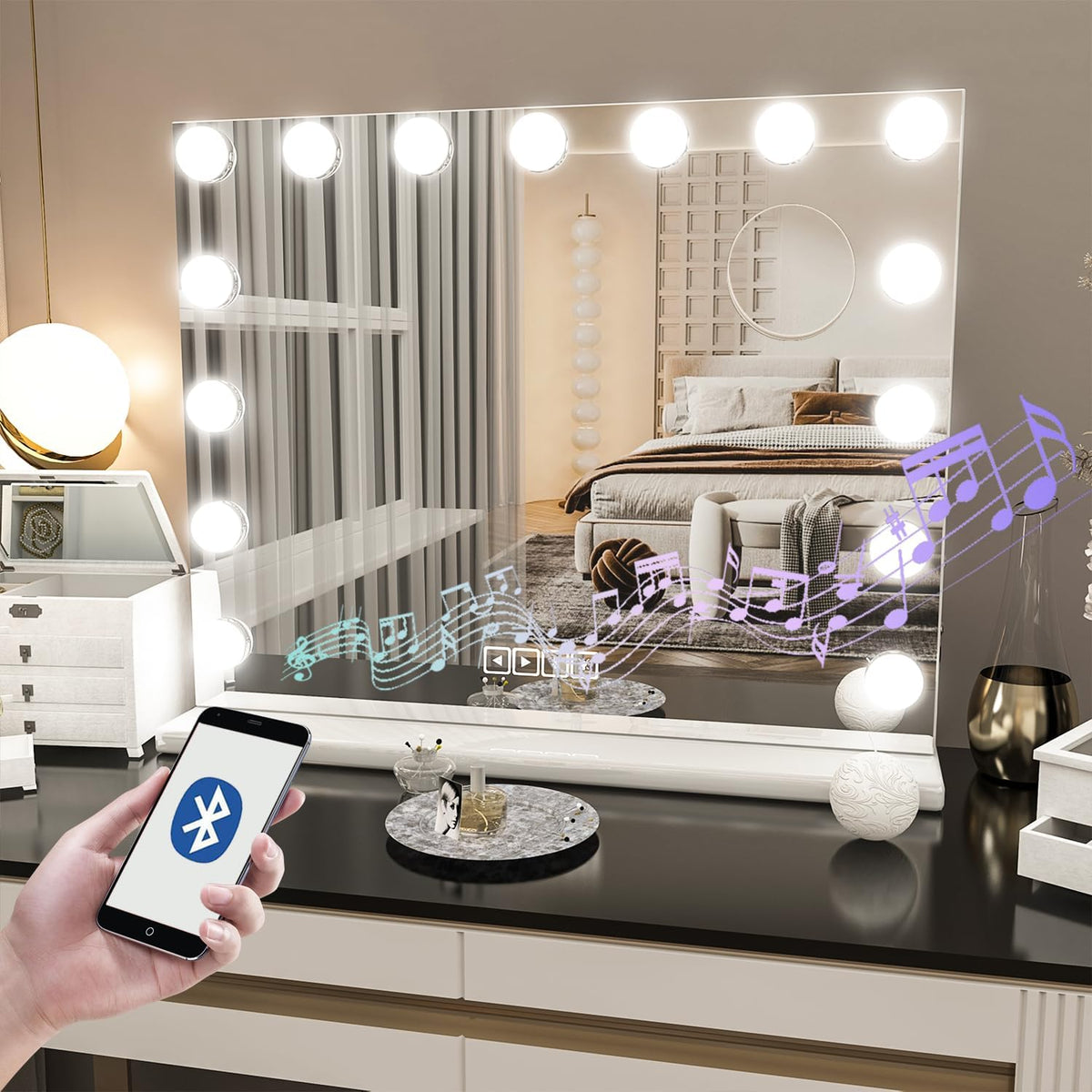 Vanity Mirror with Lights, Hollywood Makeup Mirror with Bluetooth Speaker, Large Vanity Lighted Mirror with 15 Dimming LED Bulbs, 3 Color Modes USB Port, Tabletop or Wall-Mounted