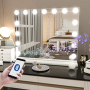 Vanity Mirror with Lights, Hollywood Makeup Mirror with Bluetooth Speaker, Large Vanity Lighted Mirror with 15 Dimming LED Bulbs, 3 Color Modes USB Port, Tabletop or Wall-Mounted