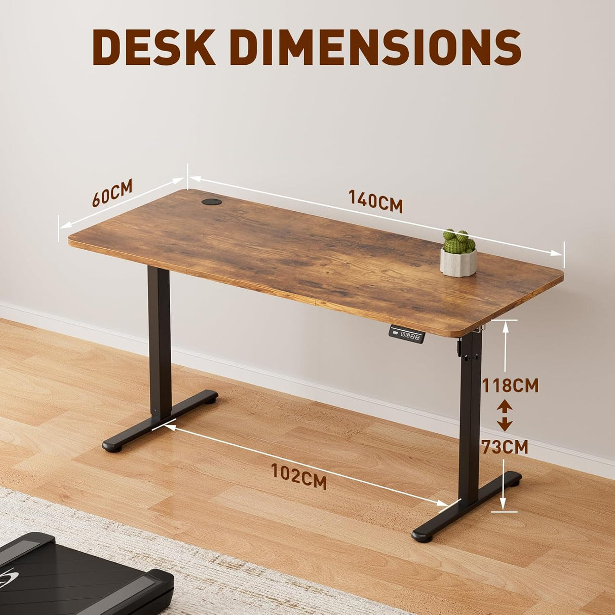 Electric Standing Desk 140x60cm (55.1"x23.6"), Height Adjustable Sit Stand Desk with Hooks, Metal Frame Stand up Desk with Powerful Motor, Ergonomic Computer Desk for Home Office (Brown)