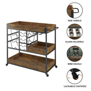 3-Tier Rustic Bar Cart with Wine & Glass Racks