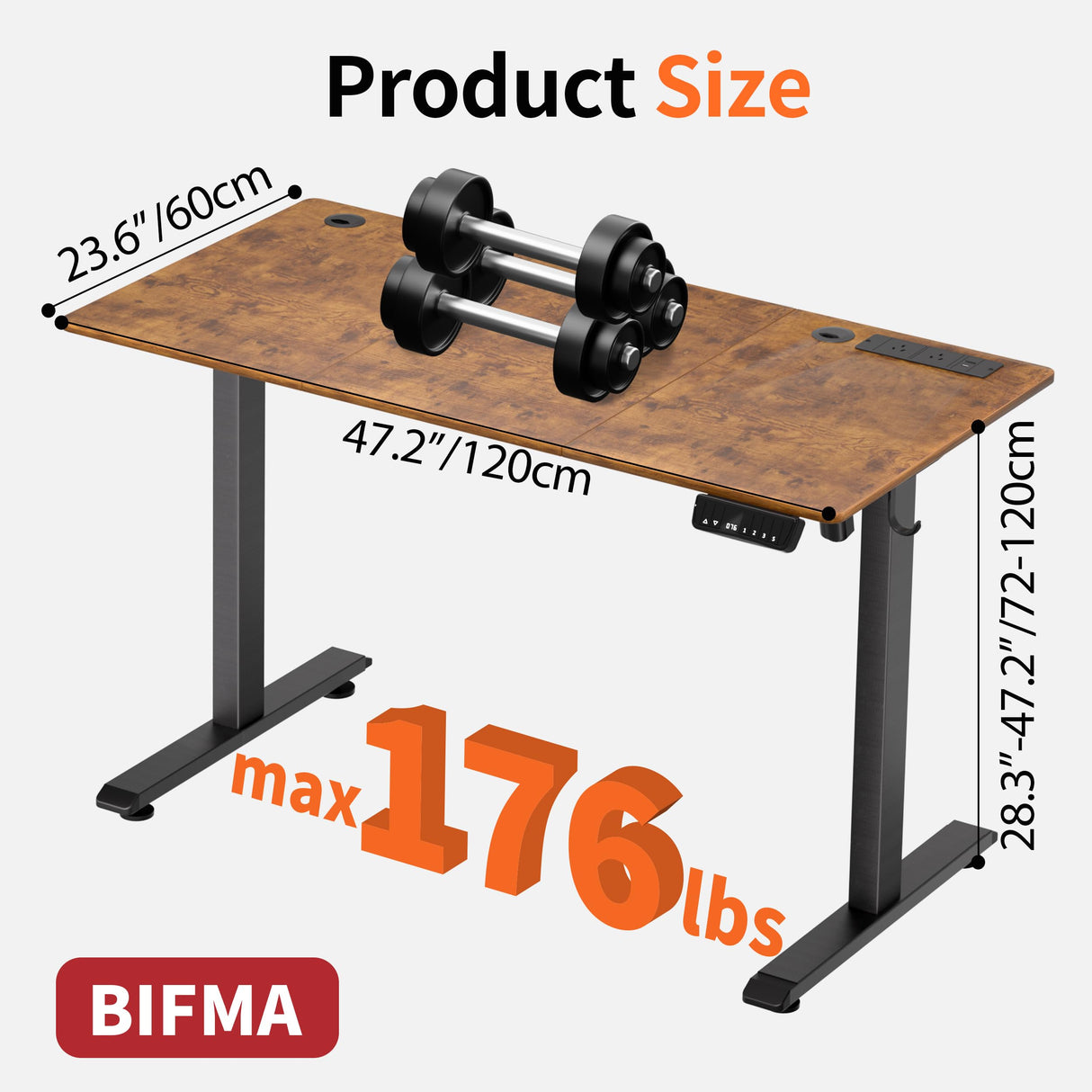 Height Adjustable Desk, 120cm Electric Standing Desk, Power Outlets, Home Office & Gaming Workstation, Easy Assembly, Versatile Table, Vintage Oak