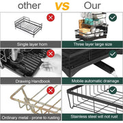 3-Tier Black Dish Rack with 270° Drain Channel