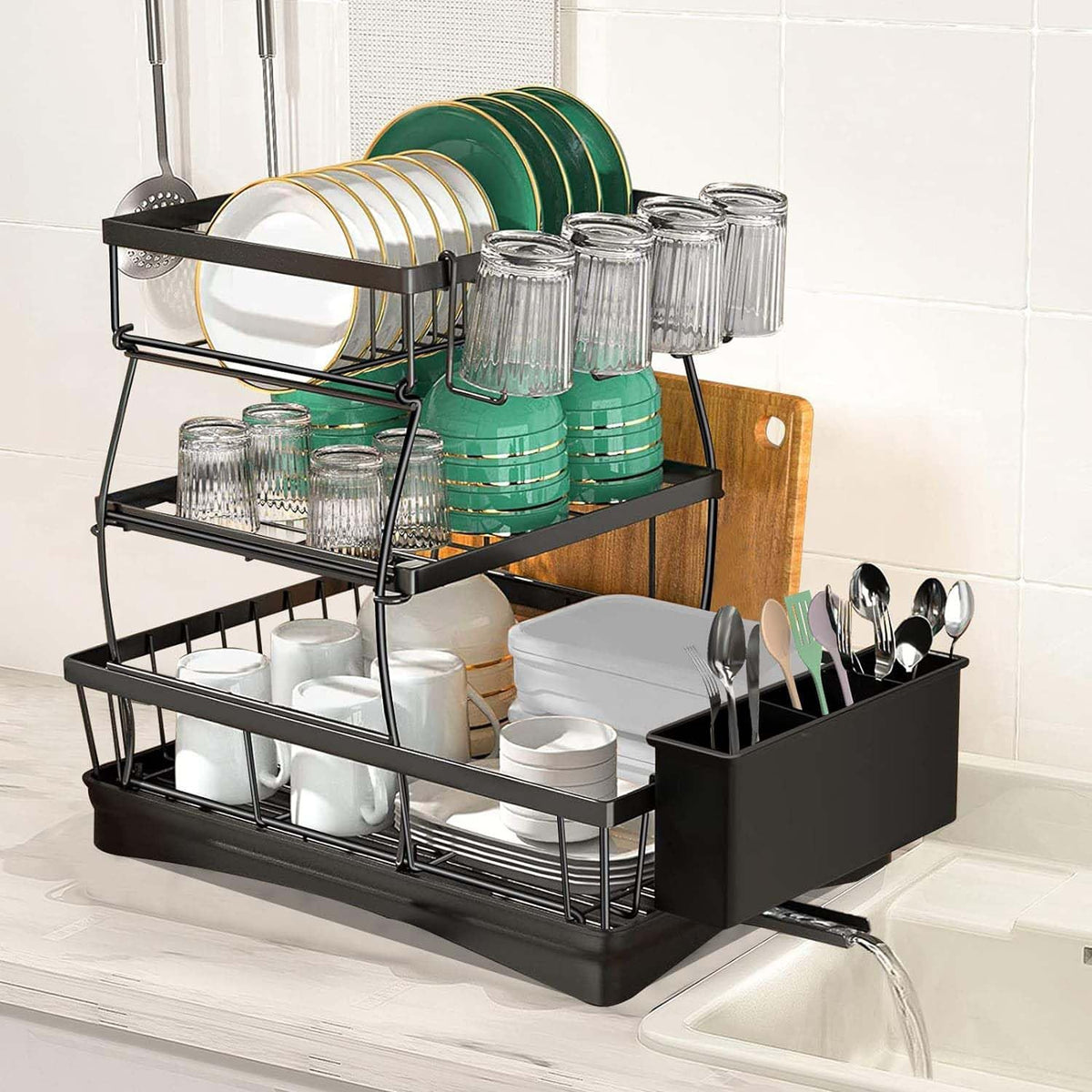 3-Tier Black Dish Rack with 270° Drain Channel