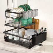 3-Tier Black Dish Rack with 270° Drain Channel