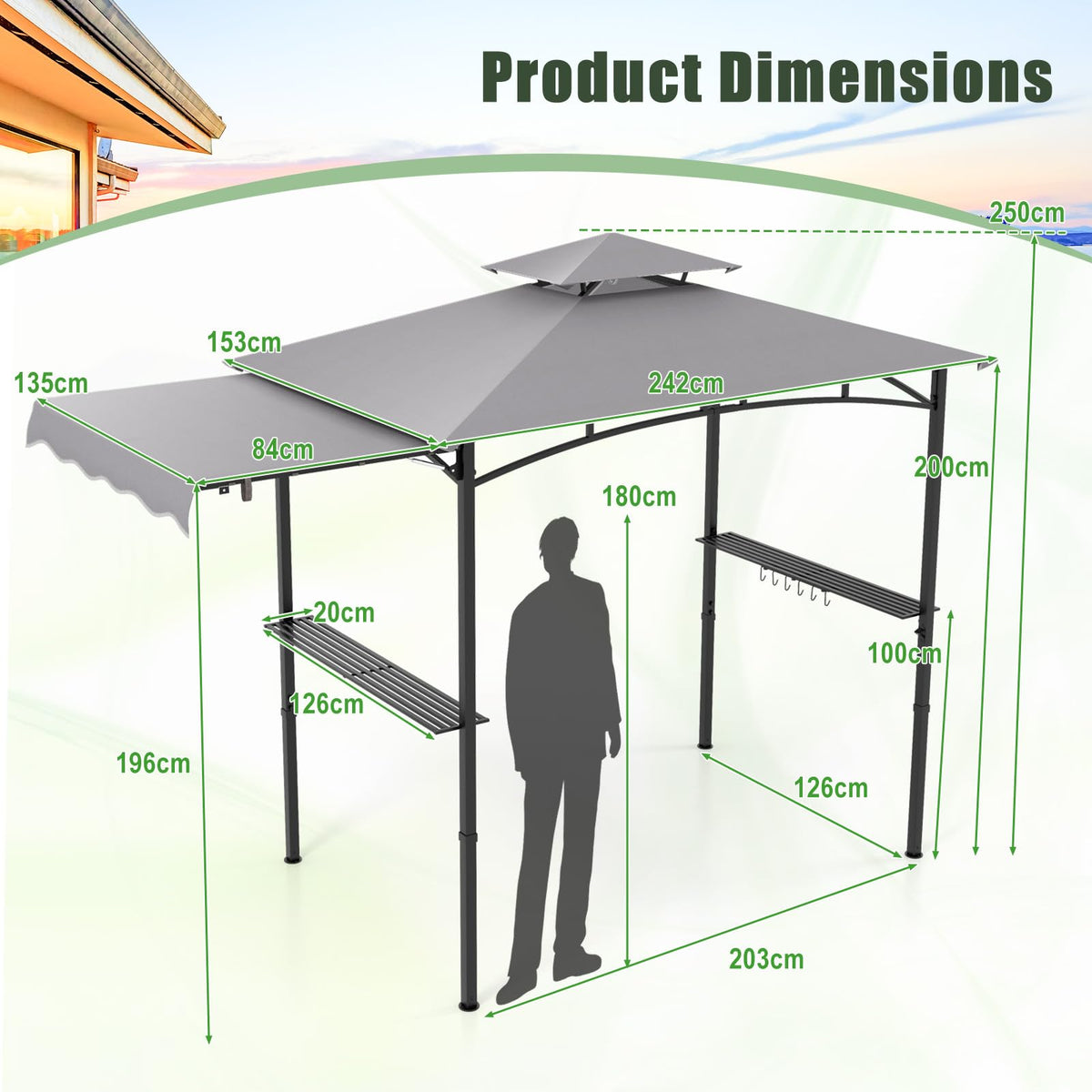 BBQ Gazebo with Side Awning, Shelves & Hooks