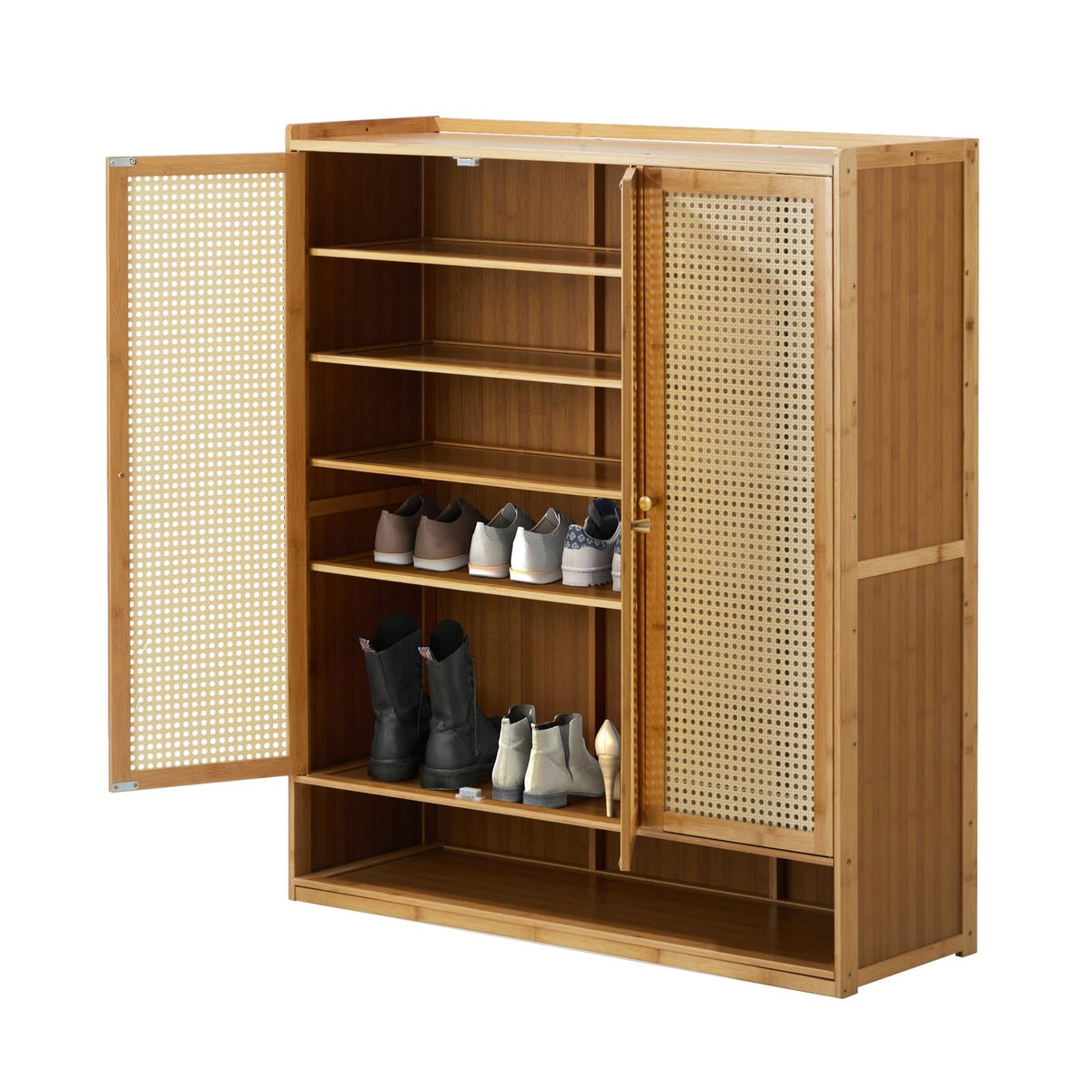 7-Tier Shoe Cabinet with 3 Rattan-Style Doors & Open Lower Shelf