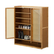 7-Tier Shoe Cabinet with 3 Rattan-Style Doors & Open Lower Shelf