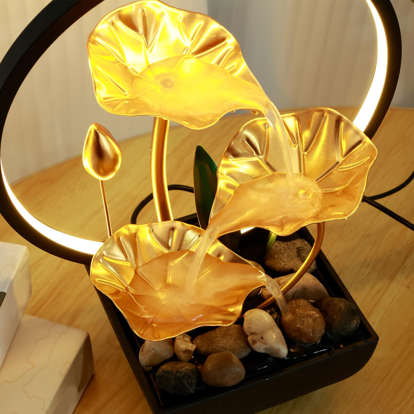 Tabletop Water Fountain USB Powered Tabletop Fountain with Natural Rocks and LED Ring Lights Tall Desktop Waterfall Fountain Zen Water Fountain Indoor Tabletop Humidifier for Home Office