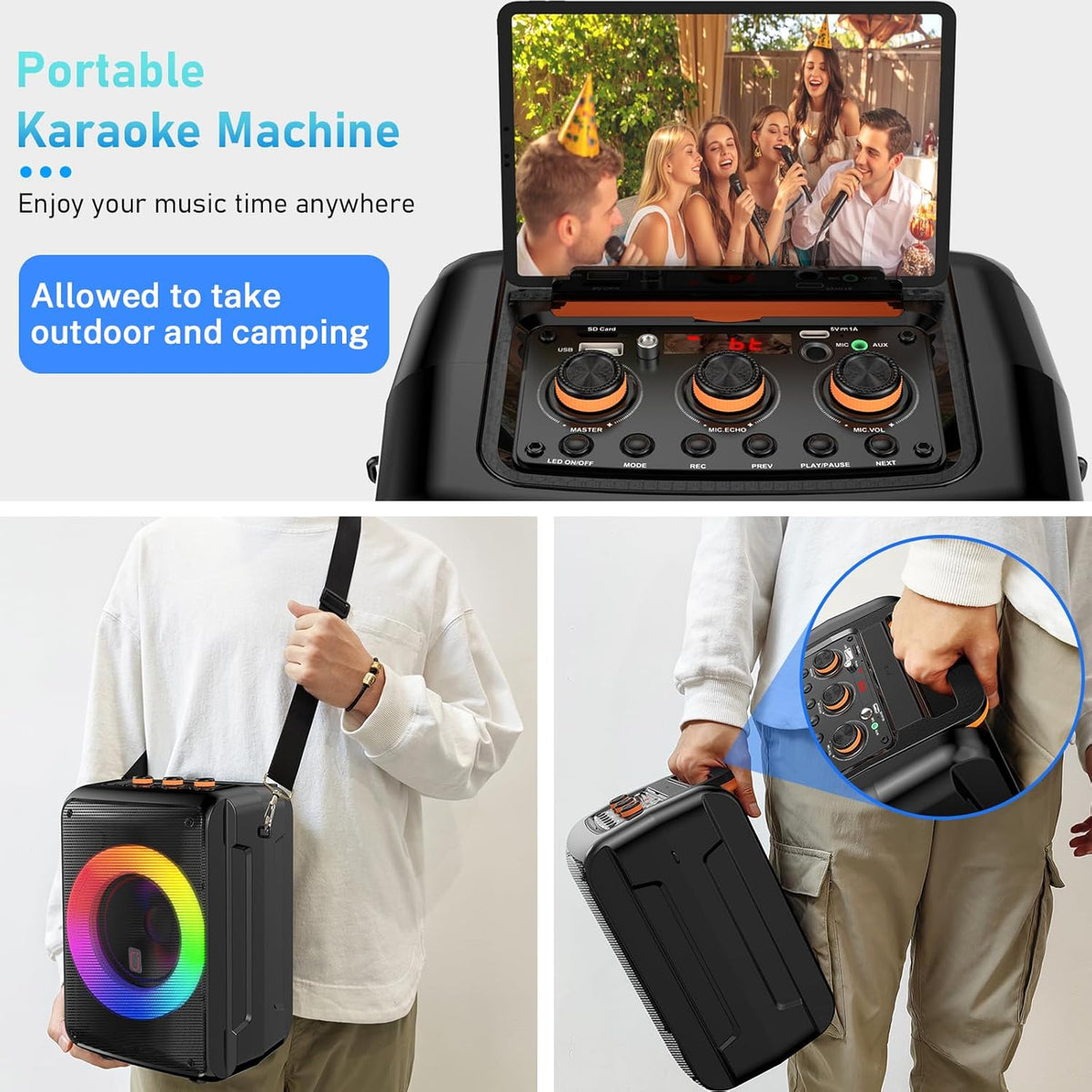 D13 Black Bluetooth Karaoke Speaker with 2 Microphones & DJ Lights