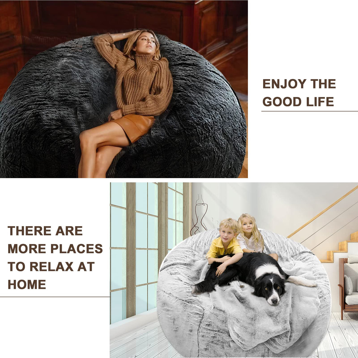 180 cm Fluffy Bean Bag Cover – Snow Grey, Cover Only