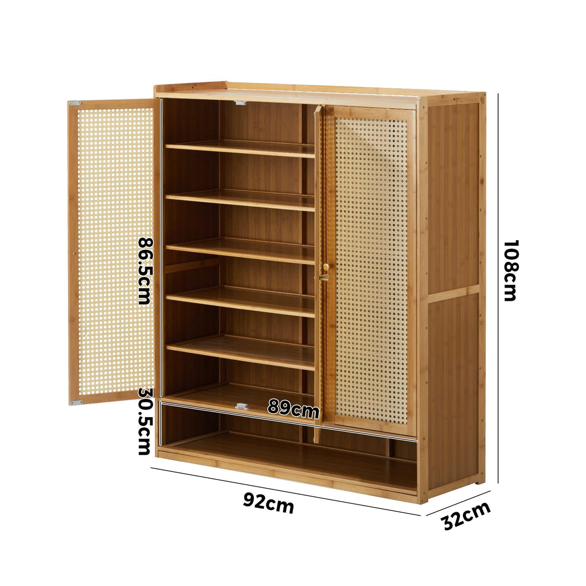 7-Tier Shoe Cabinet with 3 Rattan-Style Doors & Open Lower Shelf