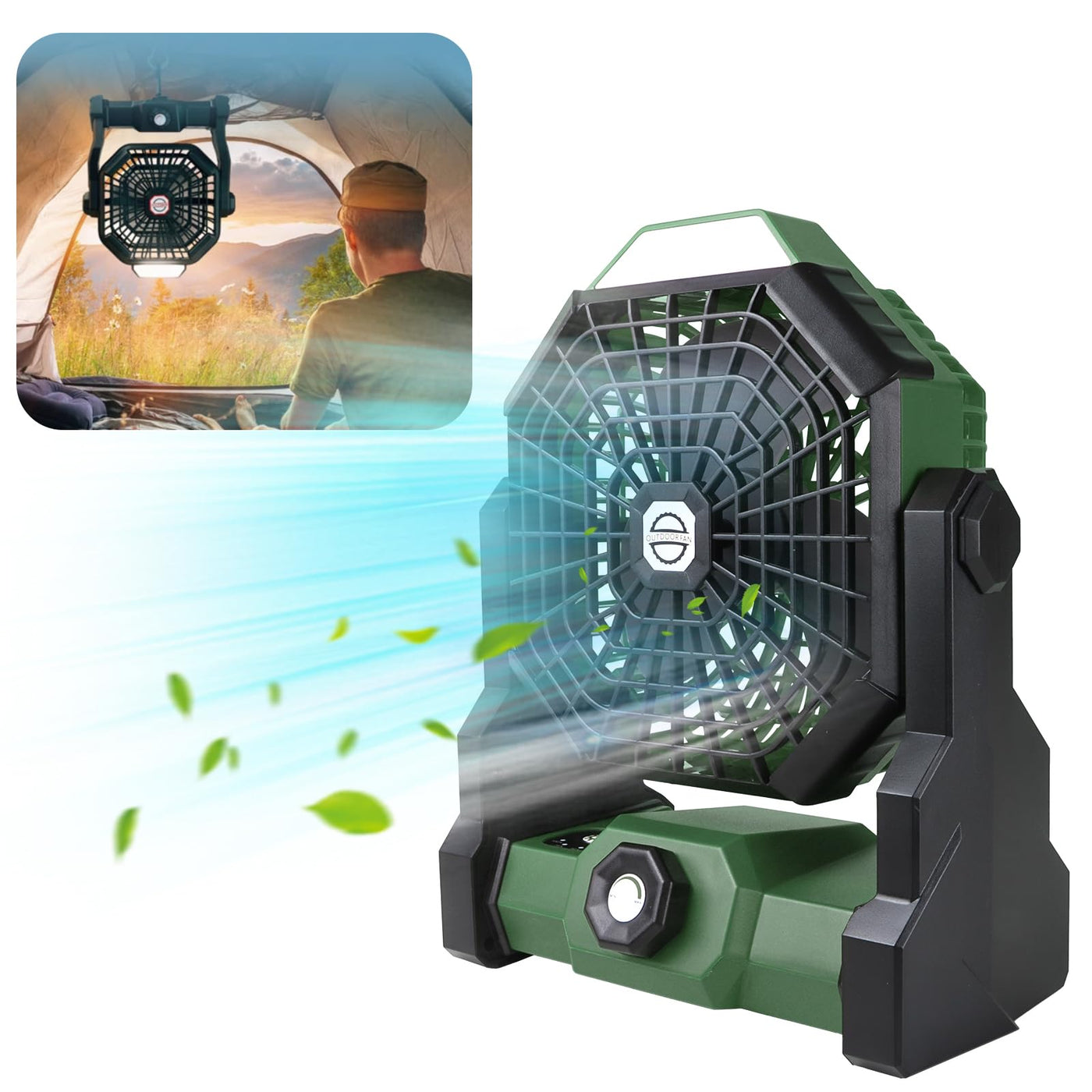 7800 mAh Rechargeable Camping Fan with LED Lantern – Green
