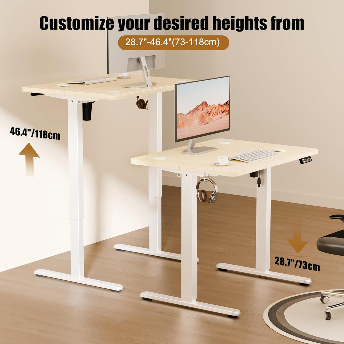 Electric Standing Desk 80x60cm (31"x23.6"), Height Adjustable Sit Stand Desk with Splice Board for Home Office, Computer Desk Memory Preset (White Frame + Golden Oak Desktop)