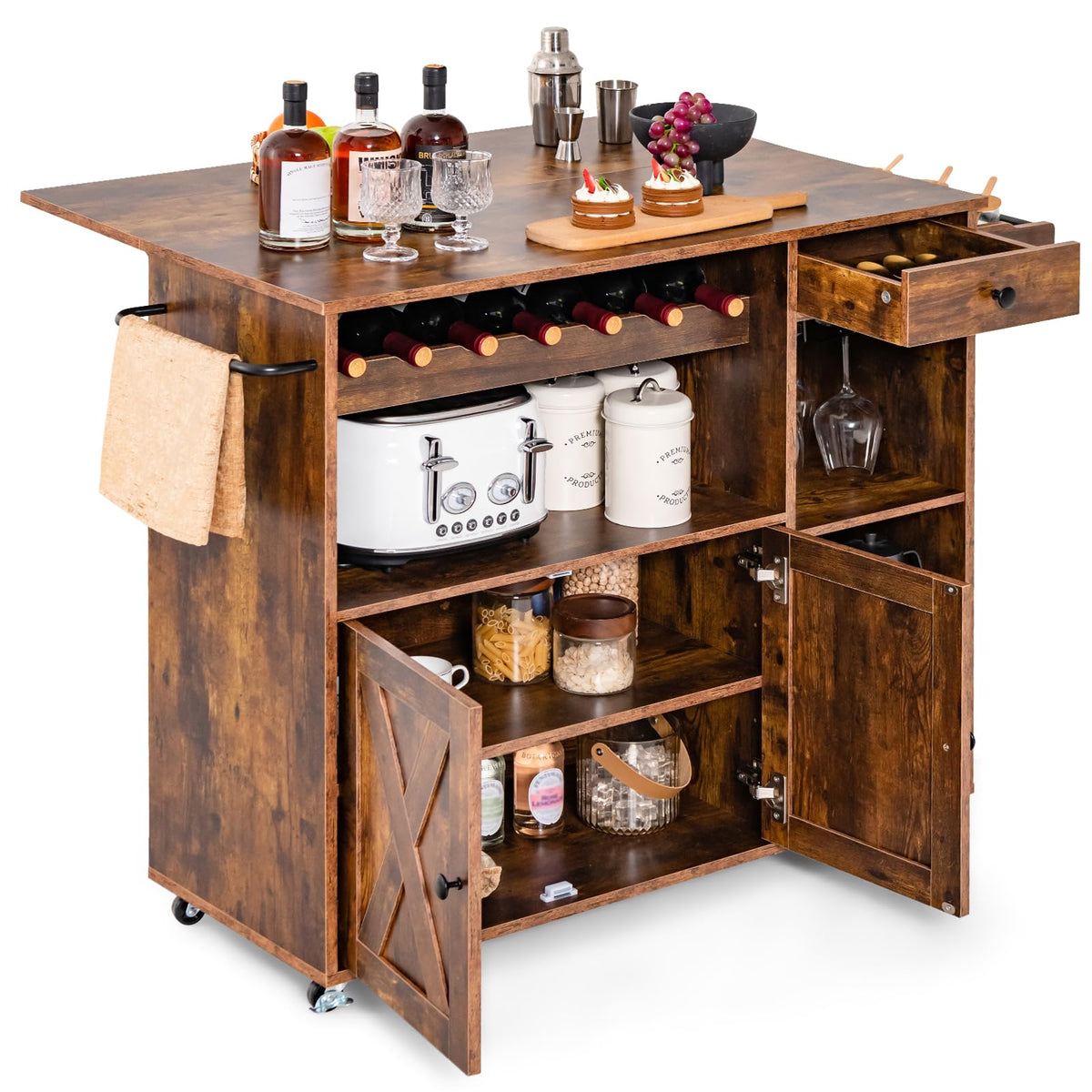 121 cm Rolling Kitchen Island with Drop Leaf, Wine Rack & Storage