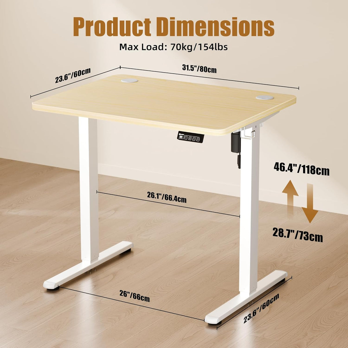 Electric Standing Desk 80x60cm (31"x23.6"), Height Adjustable Sit Stand Desk with Splice Board for Home Office, Computer Desk Memory Preset (White Frame + Golden Oak Desktop)