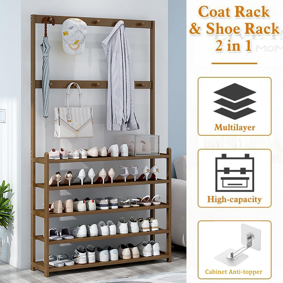 2-in-1 Hall Tree with Shoe Rack, 10 Hooks & 5 Shelves