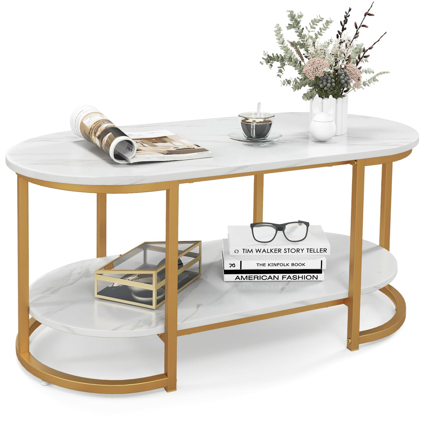 2-Tier Oval Faux-Marble Coffee Table – White & Gold