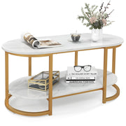 2-Tier Oval Faux-Marble Coffee Table – White & Gold
