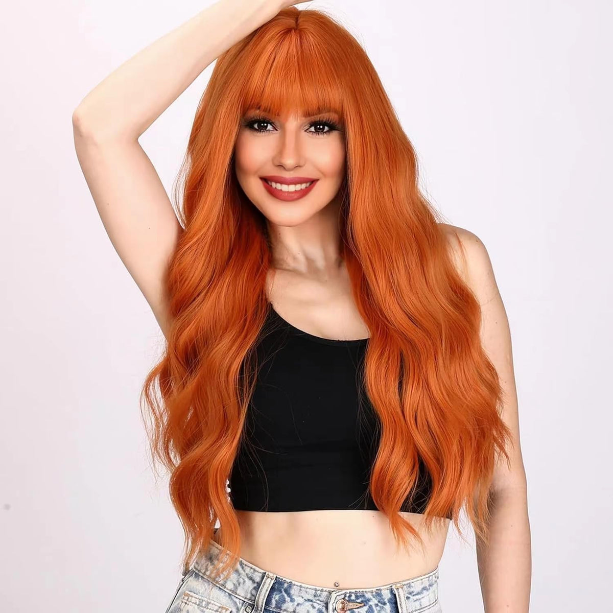 Long Ginger-Orange Wavy Synthetic Wig with Bangs