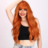 Long Wigs for Women Ginger Orange Curly Wavy Wig with Bangs Synthetic Hair Wig