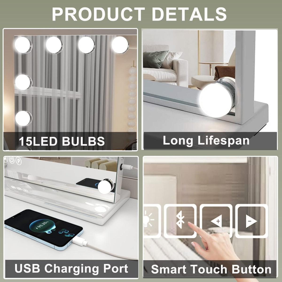 Vanity Mirror with Lights, Hollywood Makeup Mirror with Bluetooth Speaker, Large Vanity Lighted Mirror with 15 Dimming LED Bulbs, 3 Color Modes USB Port, Tabletop or Wall-Mounted