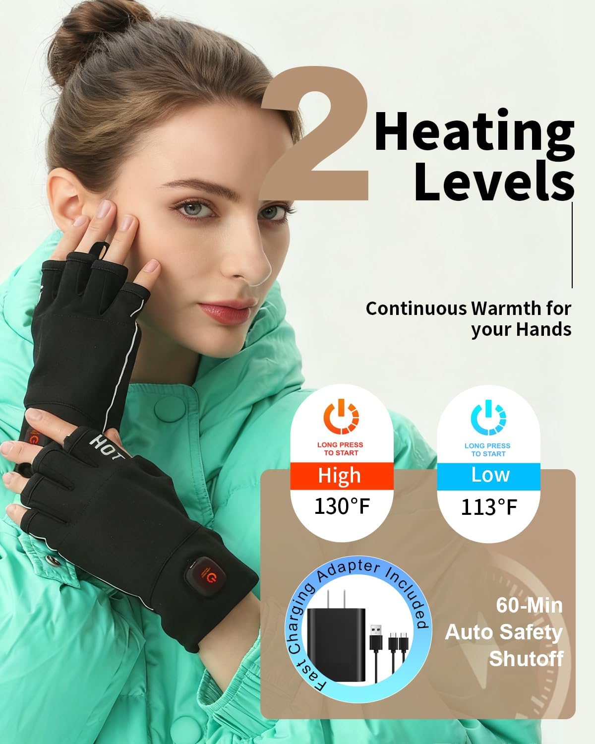 Rechargeable Heated Gloves – Cordless Fingerless Winter Warm Gloves with Temperature Control