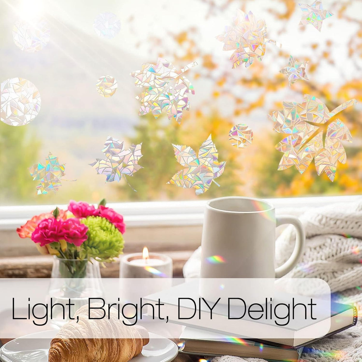 rabbitgoo Window Privacy Film, Rainbow Window Clings, 3D Decorative Window Vinyl, Stained Glass Window Decals, Static Cling Window Sticker Non-Adhesive, 44.5 x 200 cm