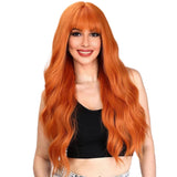 Long Wigs for Women Ginger Orange Curly Wavy Wig with Bangs Synthetic Hair Wig