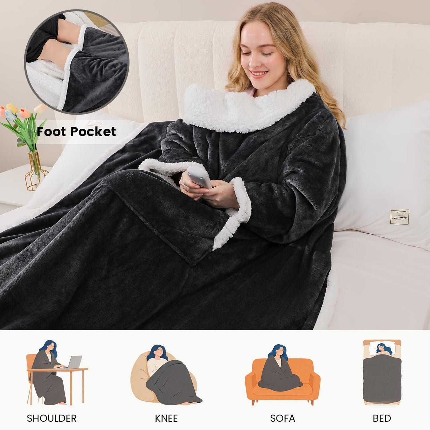 Wearable Heated Blanket with Sleeves & Foot Pockets – Flannel Sherpa, 10 Heat Levels, Timer