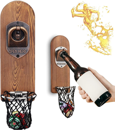 Magnetic Bottle Openers with Netting Catcher, Wall Mounted Wooden Beer Bottle Opener, Traceless Corkscrew, Home Bar Accessories for Kitchen, Outdoor, Ideal Beer Gifts for Men (Style 3)