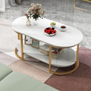 2-Tier Oval Faux-Marble Coffee Table – White & Gold