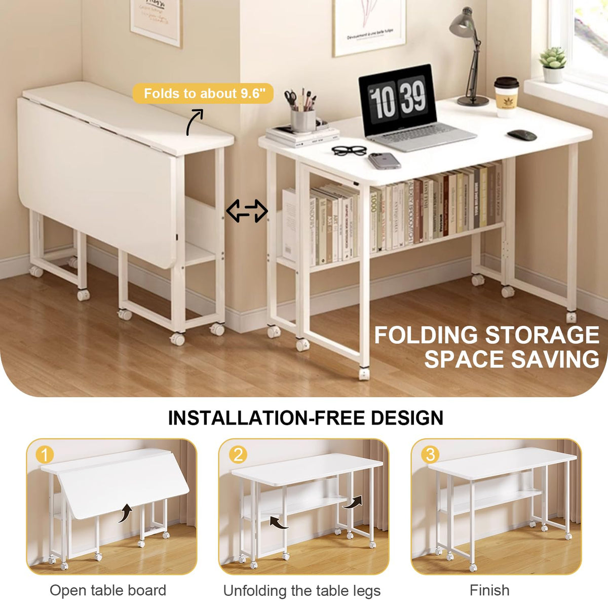 80 cm Foldable Mobile Computer Desk with Shelf