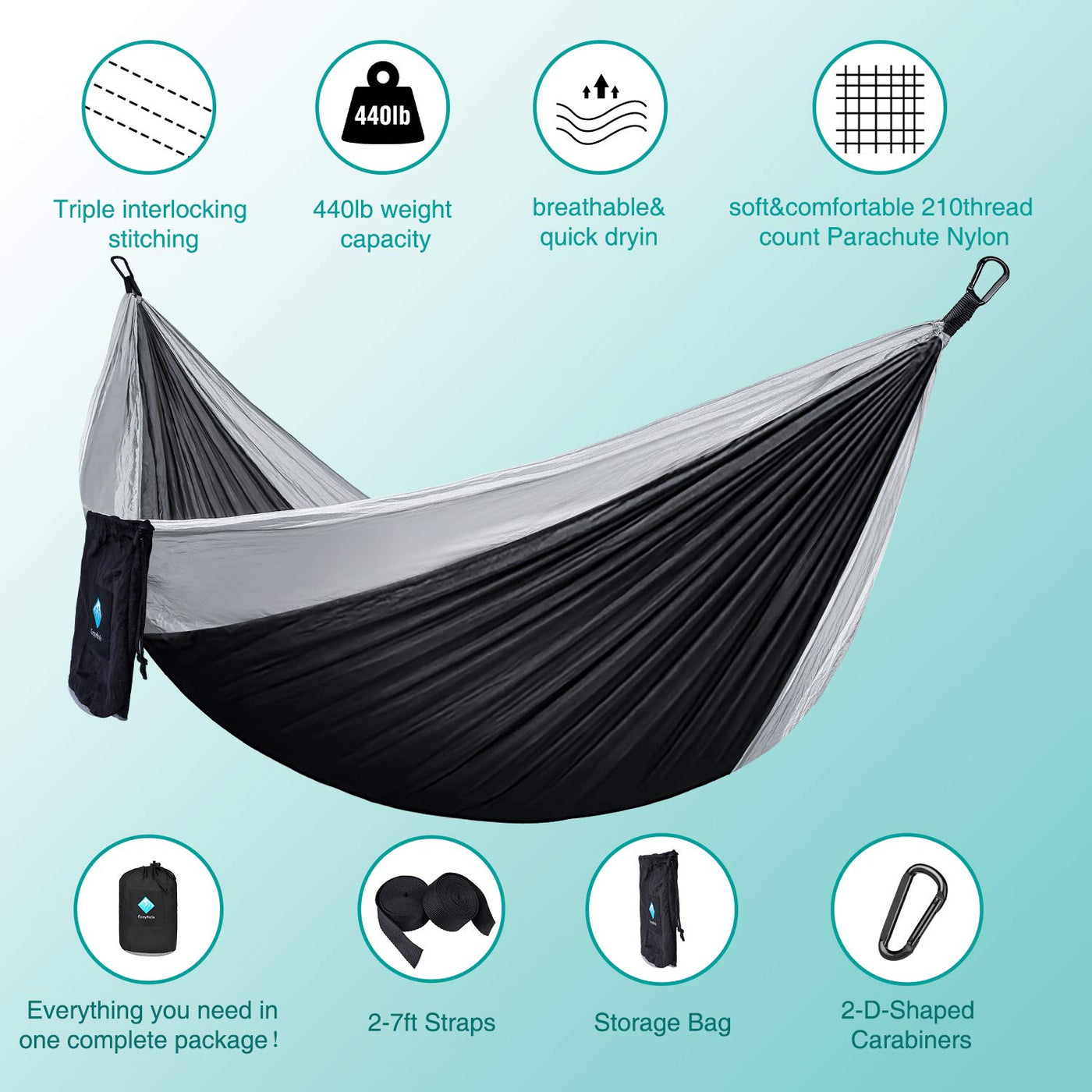 Portable 210D Nylon Camping Hammock – Black & Grey